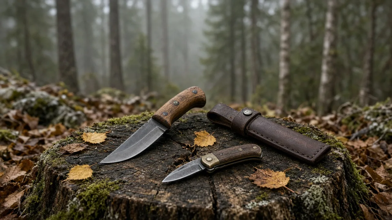 Jaktknivar på stubbe i svensk höstskog