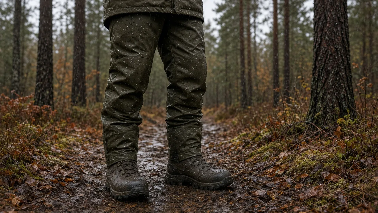 Jägare i regnig skog med jaktbyxor och skaljacka
