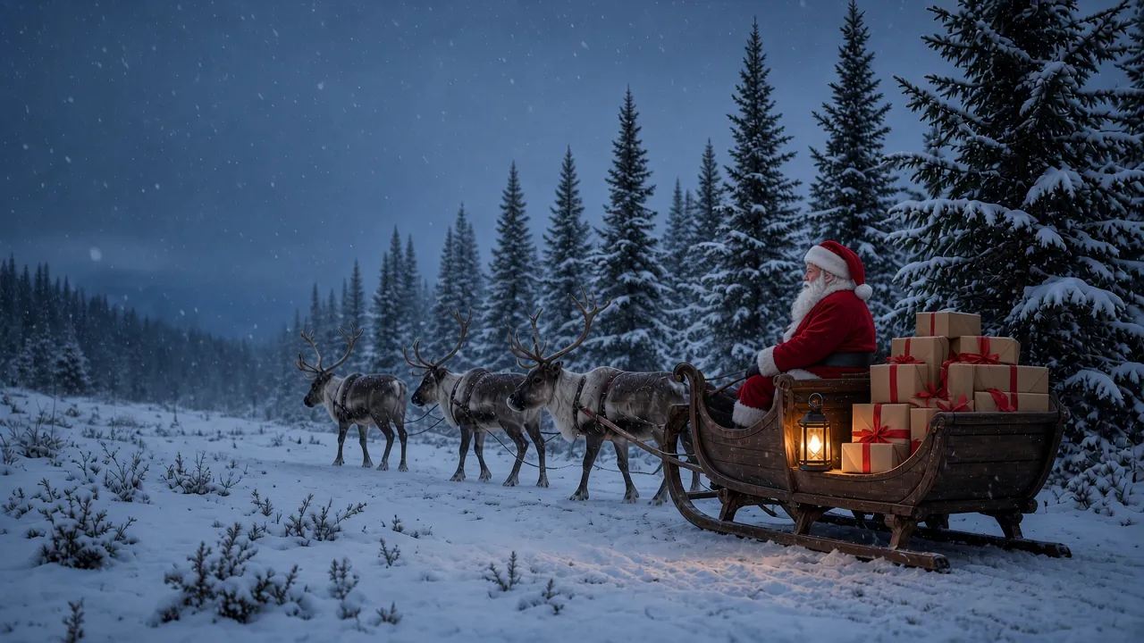 Tomten i en träsläde full av julklappar, dragen av renar genom snöig granskog i skymningen