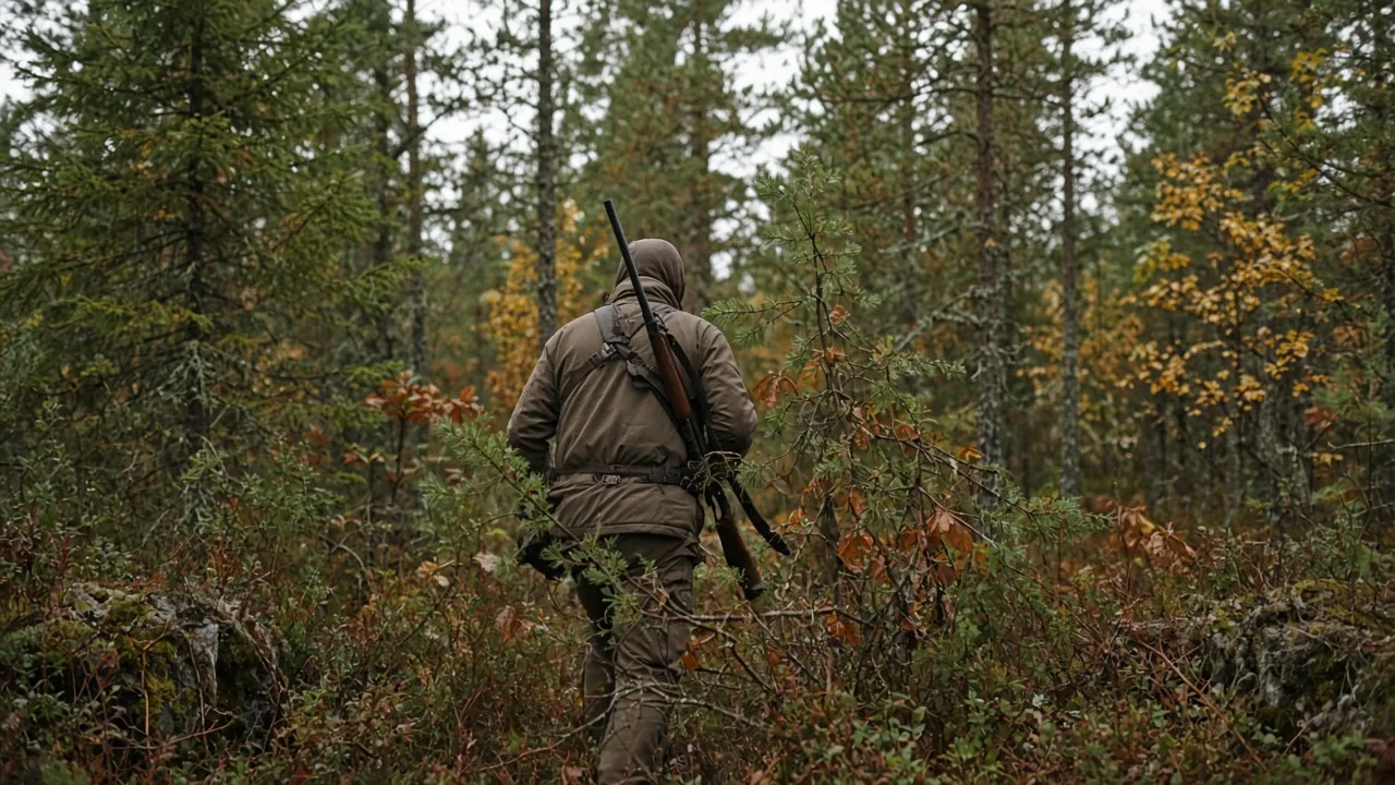 Jägare med vapnet på ryggen på väg genom höstskog