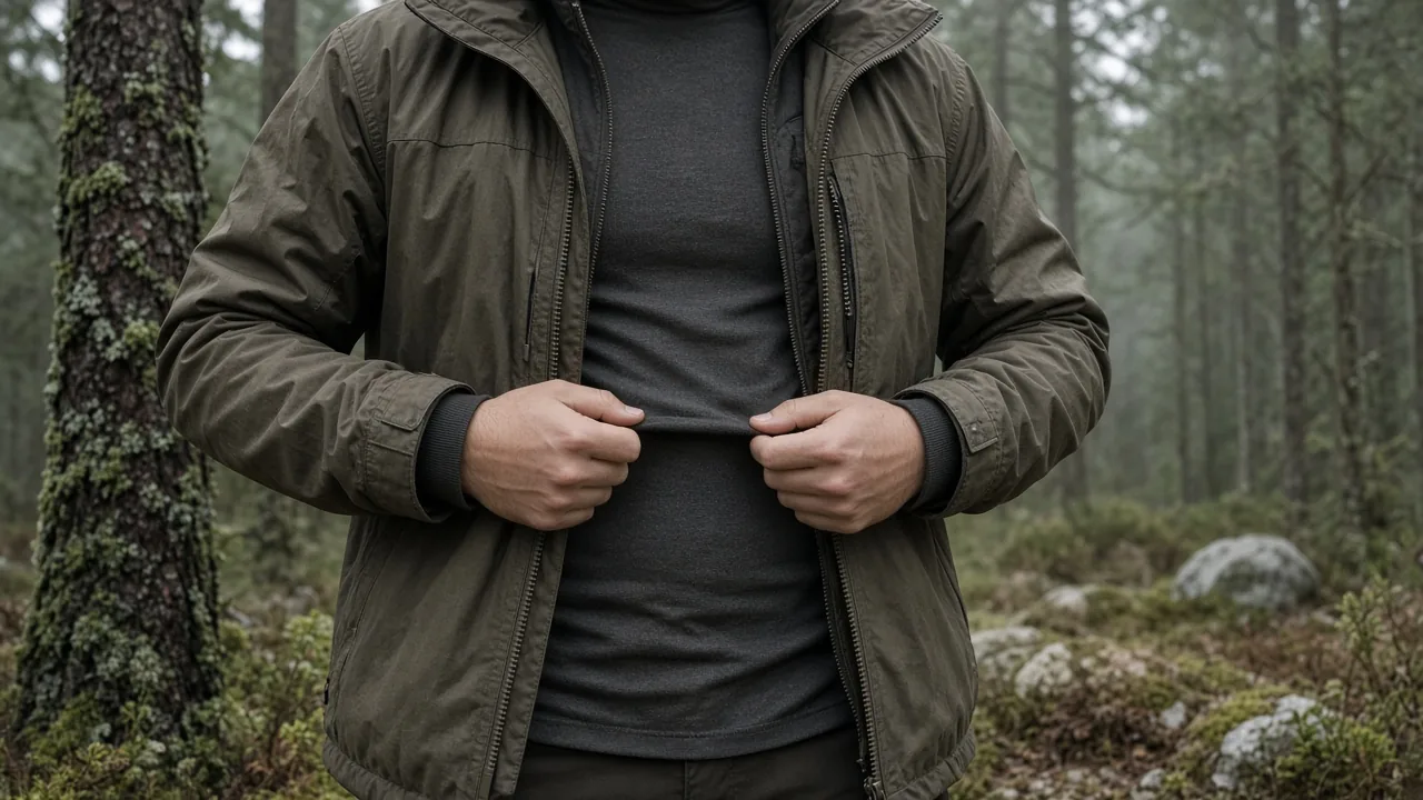 Jägare i skog som justerar underställ under jaktjacka